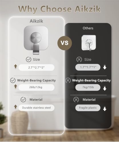 Aikzik 4 Pack Large Heavy Duty Wall Hooks - 26lb Max, Stainless Steel Adhesive Towel Hooks for Hanging Towel, Coat, Robe, Sticky Towel Holder for Wall Mount in Bathroom, Kitchen, Shower, Door - Silver - color: Silver