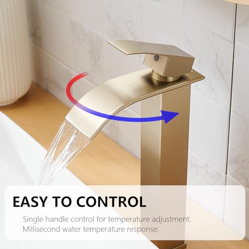 Brushed Gold Bathroom Vessel Sink Faucet Modern Waterfall Vessel Faucet | Stainless Steel Tall 1 Hole Single Handle Vanity Lavatory Modern Commercial Mixer Tap With Pop Up Drain by BATHLAVISH - color: Brushed Gold, size: Modern Vessel Sink Faucet