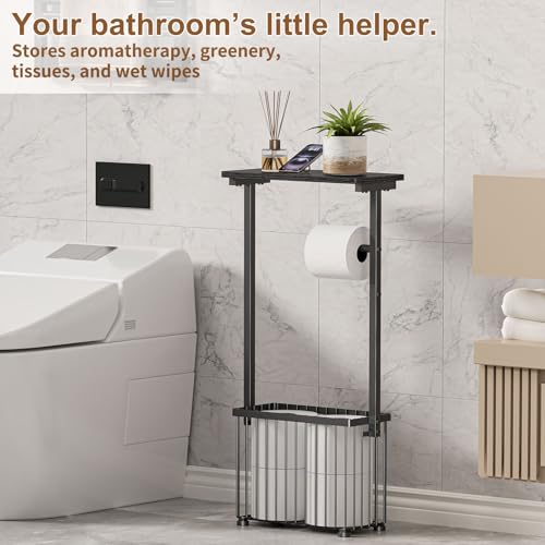Free Standing Toilet Paper Holder with Storage Shelf – Bathroom Tissue Stand with Space for Phone, Wet Wipes and Magazines – All-in-One Toilet Roll Dispenser and Organizer Holds 4-6 Rolls - size: 28.5" H x 6.3" W x 13.4" D