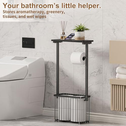 Free Standing Toilet Paper Holder with Storage Shelf – Bathroom Tissue Stand with Space for Phone, Wet Wipes and Magazines – All-in-One Toilet Roll Dispenser and Organizer Holds 4-6 Rolls - size: 28.5" H x 6.3" W x 13.4" D