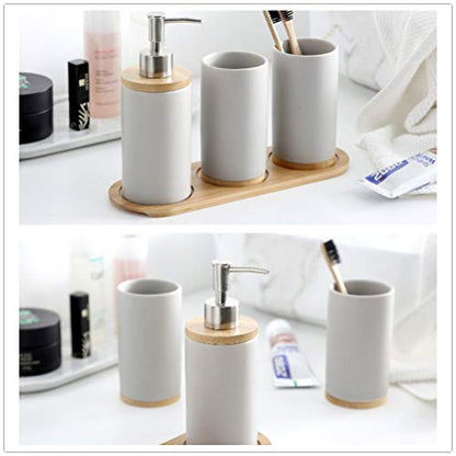 4-Piece Gray Ceramic Bathroom Accessories Set Includes Lotion Soap Dispenser Pump, Toothbrush Holder, Tumblers and Bamboo Tray, Modern Bathroom Accessories Set Complete - style: Gray