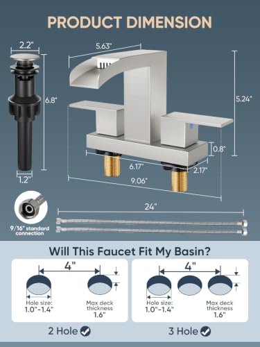 Cobbe Waterfall Bathroom Faucet, Brushed Nickel 4 Inch Centerset 3 Hole | Bathroom Sink Faucet Square with Pop-Up Drain, 2 Handle and 2 Supply Hoses, Lead-Free Stainless Steel for Vanity Sink Rv - color: Brushed Nickel, size: 4 Inch Centerset