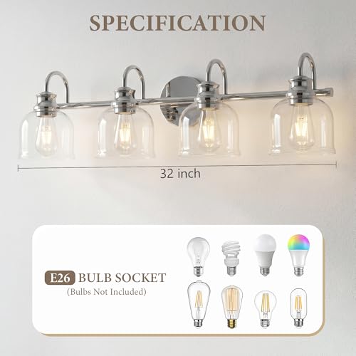 URSOLA 4 Lights 32" Bathroom Vanity Light Fixtures, Chrome Traditional Classic Vanity Light with Clear Glass, Bathroom Lighting Fixtures Over Mirror - color: Chrome, size: 4 Lights