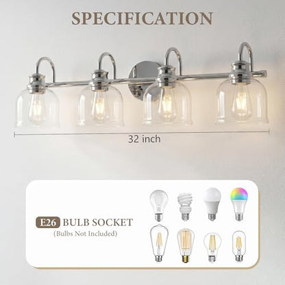 URSOLA 4 Lights 32" Bathroom Vanity Light Fixtures, Chrome Traditional Classic Vanity Light with Clear Glass, Bathroom Lighting Fixtures Over Mirror - color: Chrome, size: 4 Lights