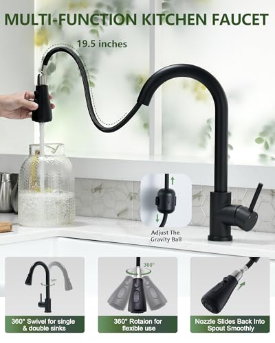 VFAUOSIT Kitchen Faucet with Pull Down Sprayer, Brushed Nickel High Arc | Cold-Start Safety, 3 Spray Modes, 360° Swivel, cUPC/CEC Certified, Fingerprint-Resistant Finish, Ceramic Disc Valve - color: Matte Black-02