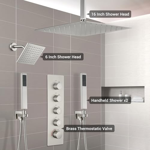 Thermostatic Dual Rianfall Shower System with 6+16-Inch Shower Heads, Brushed Nickel Ceiling Mount Full Body Rain Shower Faucet Set with Double High Pressure HandHeld Sprayer for 2-Person - color: Brushed Nickel