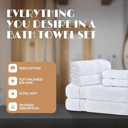 White Bath Towel Set of 6 - 100% Cotton Highly Absorbent Towels for Bathroom, 2 Luxury Bath Towels 650GSM, 2 Hand Towels, 2 Washcloths - color: White