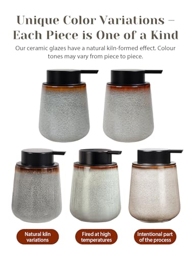 INGOFIN Ceramic Lotion Dispenser - 12 oz Refillable Hand Soap Dispenser Bathroom, Modern Liquid Dispenser with Pump, Dish Soap Dispenser for Kitchen, Kiln-Glazed Grey White - color: Grey and White