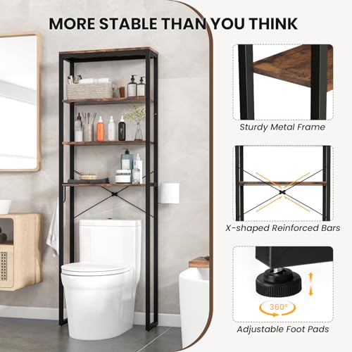 LOKO Bathroom Over The Toilet Storage Rack, 4-Tier Industrial Organizer Shelf with Toilet Paper Holder & Hook, Multifunctional Freestanding Space Saver Plant Stand for Laundry Balcony, Rustic Brown
