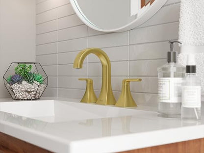 Pfister Bruxie 8 in Widespread 3 Hole Bathroom Sink Faucet with Push & Seal Drain, 2 Handle Brushed Gold Finish, NSF Certified Water Efficient WaterSense LF049BIEBG