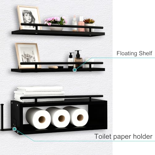 Wooden Floating Shelves with Paper Towel Holder for Bathroom Wall Storage | Bathroom Wall Shelf with Metal Rail, Wall Mount with Hardware, Over-The-Toilet Space Saver, Bedroom Kitchen Living Room Decor