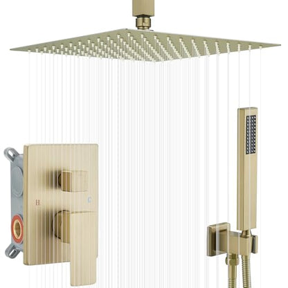 16 Inch Brushed Gold Ceiling Mount Shower System Bathroom Luxury Rain Mixer Shower Combo Set Ceiling Rainfall Shower Head System Faucet Contain Rough-in Valve and Trim Included - color: Brushed Gold, size: 16 Inch