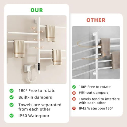 180°Rotation Electric Heated Towel Rack Wall Mounted Towel Warmer Racks 5 Bars Hardwired & Plug-in Hot Towel Rack with 1H-9H Timer for Home Bathroom Salons and Spas (White) - size: G63
