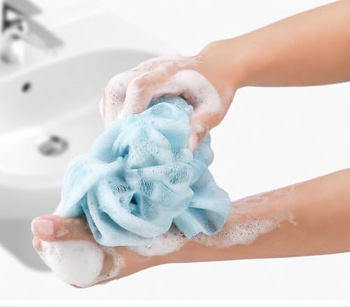 3Pcs Bath Set Back Scrub Mitt Bath Ball Long Strip Home Use,Navy Blue | Exfoliating Washcloth Towel with Handle,Body Scrubber Exfoliator,Bath Sponge for Unisex Exfoliate Body Scrub,33.5In