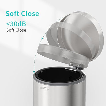 mVm Small Trash Can,1.3 Gallon/5 Lliter Step Bathroom Trash Can with Lid and Foot Pedal,Anti-Fingerprint,Soft-Close.Round Brushed Stainless Steel Garbage Can for Bathroom,Office,Living Room (Silver) - color: Silver, size: 1.3Gal/5L