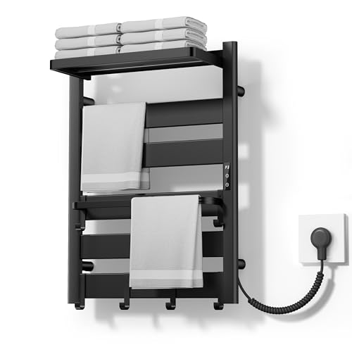 6-Bar Wall Mounted Heated Towel Rack, 170°F Heating Black | Bathroom Towel Warmer with Top Shelf, Memory Function, Adjustable 110–170°F Temperature, 2–12H Timer, Space Saving Design - color: Black, size: ZW 6-Bars