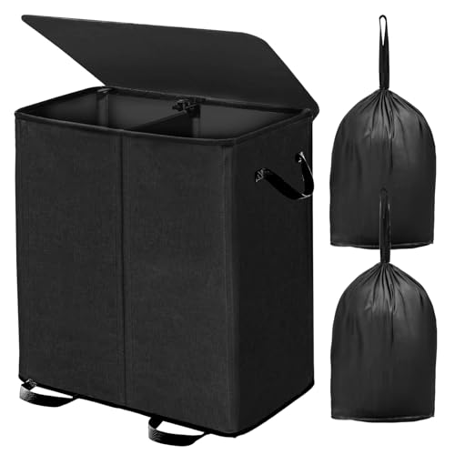 Double Laundry Hamper with Lid and Removable Bags, Laundry Basket 2 Section, Double Hampers for Laundry, Large Divided Hamper, Dual Laundry Hamper 2 Section with Handles Dorm 140L Black