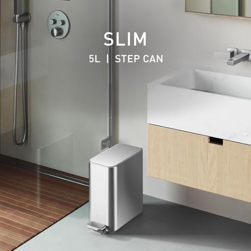simplehuman Slim Step Can, 5L / 1.3 Gallon Compact Bathroom Trash Can, Liner Pocket®, Sleek Internal Hinge, 150,000-Step All-Steel Pedal, Lid Shox® Silent Close, Brushed Stainless Steel - color: Brushed, size: 5L