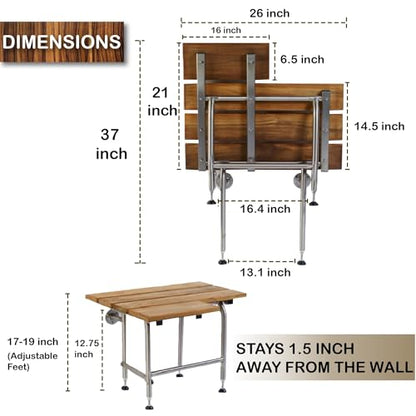 Teak Shower Seat with Legs - Folding Wall Mount Bench for Inside Shower / Bathroom Safety Assist / 304 Stainless Steel & Hardwood / Left / 26" x 21" - size: 26 Left