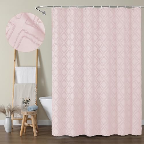Blush Shower Curtain Set, Jacquard Geometric Textured Fabric Boho Shower Curtain for Bathroom, Soft Hotel Style Farmhouse Shower Curtains Grommet Top 12 Hooks, Machine Washable, 72x72, Blush - color: Blush, size: 72"W x 72"L (Pack of 1)