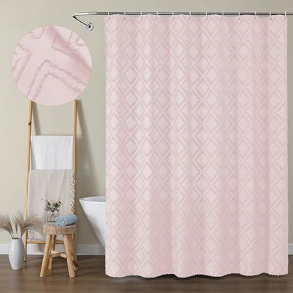 Blush Shower Curtain Set, Jacquard Geometric Textured Fabric Boho Shower Curtain for Bathroom, Soft Hotel Style Farmhouse Shower Curtains Grommet Top 12 Hooks, Machine Washable, 72x72, Blush - color: Blush, size: 72"W x 72"L (Pack of 1)