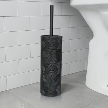 Matte Black Geo Design Resin Toilet Bowl Holder and Brush Set, Stylish Geometric Design with Durable Bristles, Compact and Modern - style: Matte Black Geo