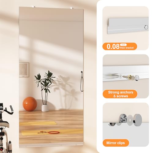 Hasipu Home Gym Mirror, 55"x17" Each, 2-Pack Frameless Wall Mounted Mirrors with Glass Clamps & 1 Aluminum Rail, Large Body Mirror for Home Gym, Yoga Studio, Bedroom, Silver Tempered Glass - size: 55"x17" - 2PCS