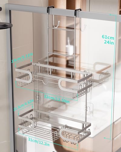 HapiRm Shower Caddy over Door- Hanging Shower Organizer with 14 Hooks and Soap Holder, Rustproof & Waterproof Stainless Steel Bathroom Shelf - Brushed Nickel - color: Brushed Nickel