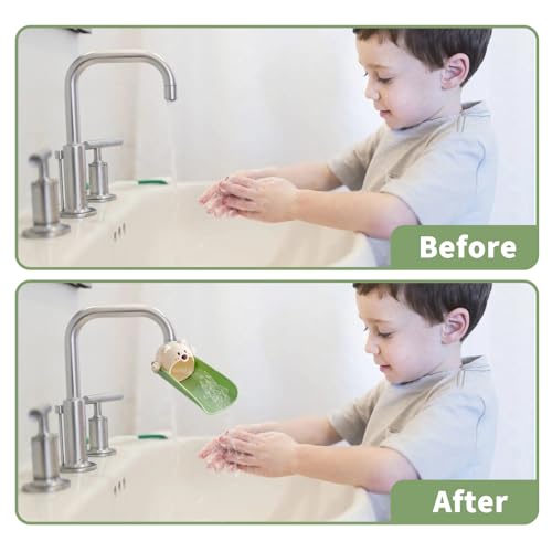 Silicone Animal Faucet Extender for Kids, Bathroom Sink, Kitchen, Bathtub Extension, 4.7x2.8 inches (Green, Bear)