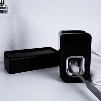 5 Slots Wall Mount Toothbrush Holder with Cover, Self Adhesive Toothbrush Storage Organizer for Shower, Toothbrush Hanger with Automatic Toothpaste Squeezer Dispenser(Black) - color: Black Combination