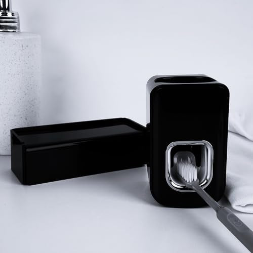 5 Slots Wall Mount Toothbrush Holder with Cover, Self Adhesive Toothbrush Storage Organizer for Shower, Toothbrush Hanger with Automatic Toothpaste Squeezer Dispenser(Black) - color: Black Combination