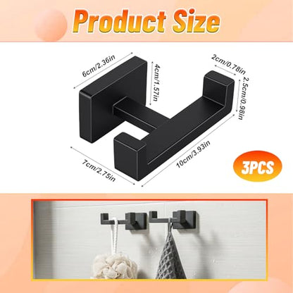 3 Pcs Angle Simple Double Towel Hook, Stainless Steel Shower Double Robe Coat Hooks for Wall, Hand Towel Holder for Bathroom Wall Livingroom Bedroom Kitchen Closet (Black)