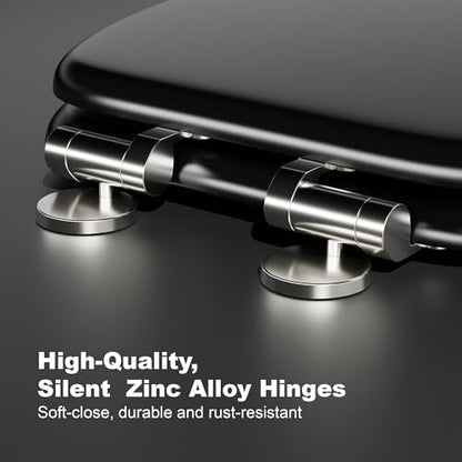 Elongated Slow Close Toilet Seat, Black Wood Toilet Seat Support 400 lbs, Heavy Duty Oval Wood Toilet Lid with Soft Close Chrome Hinges, Grip-Tight Bumpers - Easy to Clean, Quick Assembly - color: Black, size: Elongated Slow Close