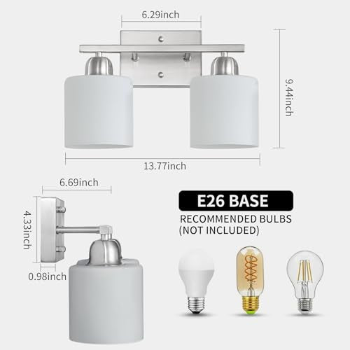Brushed Nickel Bathroom Light, Anti-Rust Finish 2 Light Bathroom Vanity Light Brushed Nickel, Milky White Frosted Glass Shades, E26 Socket - color: Nickel & Milky White Glass, size: 2-Light