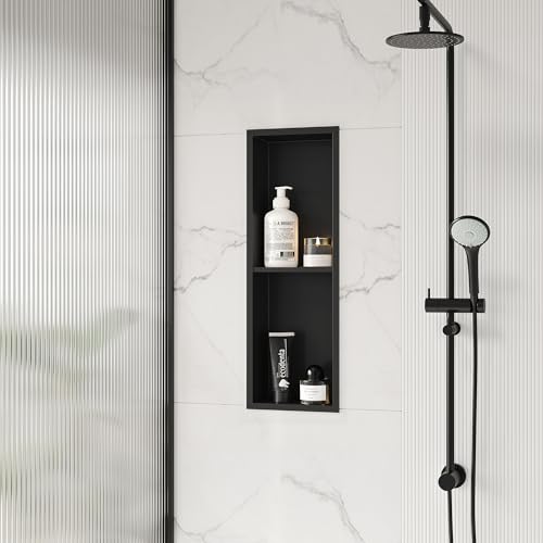 Qeke 8" x 24" Stainless Steel Shower Niche w/Double Shelves, Matte Black | No tile Needed Wall Niche, Recessed Niche for Bathroom Storage, Space Saving, Over Mount Installation - color: Matte Black, size: 8X24"