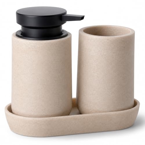 Clasin Home 3 Pcs Bathroom Accessories Set, Liquid Soap Dispenser with Large Pump, Toothbrush Holder Cup and Soap Dish, Sandstone Texture Bathroom Counter Set for Modern Home (Beige) - color: Beige