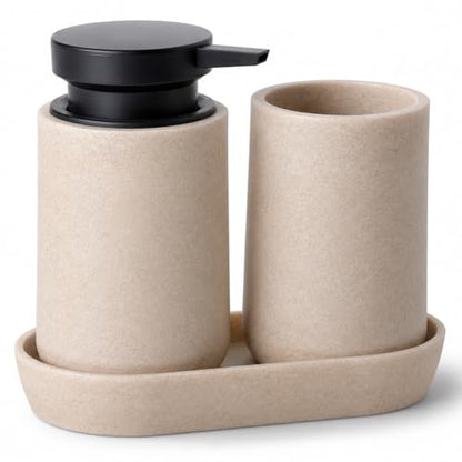 Clasin Home 3 Pcs Bathroom Accessories Set, Liquid Soap Dispenser with Large Pump, Toothbrush Holder Cup and Soap Dish, Sandstone Texture Bathroom Counter Set for Modern Home (Beige) - color: Beige
