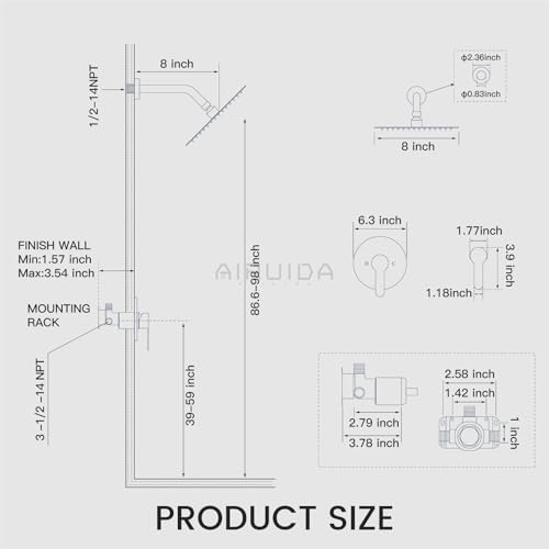 Airuida Shower Faucet Set,8 Inch Brushed Gold Shower Trim Kit | Round Rainfall Shower Head,Single Handle,Male Threads Rough-in Valve,Wall Mount Bathroom System - color: Gold, size: 8 Inch