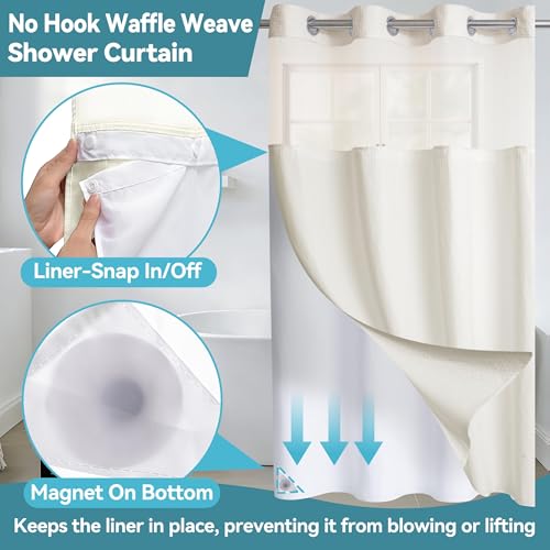 Conbo Mio Stall No Hook Waffle Weave Shower Curtain with Snap in Liner Set, Hotel Luxury Beige Shower Curtains for Bathroom with See Through Top Window, Waterproof, Washable 36W x 74H - color: Waffle-beige, size: 36"W x 74"L (Pack of 1)