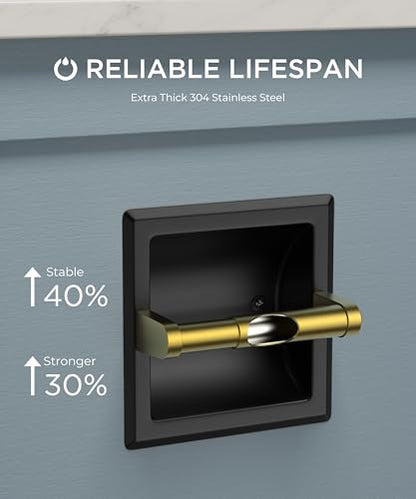 FORIOUS Recessed Toilet Paper Holder for Mega Rolls, Black and Gold | Stainless Steel Tissue Roll Holder Wall Mount for Bathroom Space-Saving Design, in Wall Toilet Paper Dispenser Insert - color: Black&gold