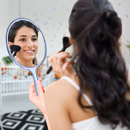 D Hand Mirror with Handle, Blue, Rounded Shape | 1X 2X Magnification, Double Sided, Acrylic, Small Handheld, Makeup Mirror - color: Small Blue