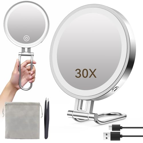 Travel Makeup Mirror with Lights,3000mAh Rechargeable 1X/30X Magnifying Mirror with Light, 7" Portable Lighted Beauty Mirror, Make Up Mirrors with 3 Light Colors, Dimmable Tabletop Handhold Hanging - color: 30x-chrome