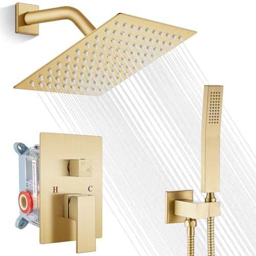 gotonovo Rainfall Bathroom Shower System Rain Shower Head and Handle Set Wall Mounted Shower Complete Combo Solid Brass Pressure Balancing Shower Mixer Valve 8 Inch Brushed Gold - color: Brushed Gold, size: 8 Inch