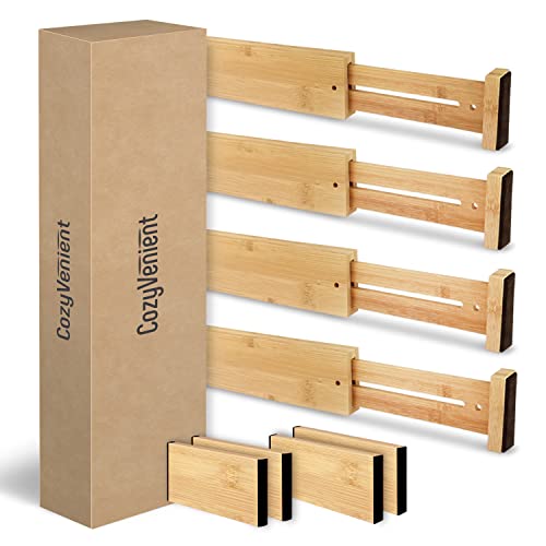 Adjustable Bamboo Drawer Dividers for Clothes, Kitchen Utensils, Office Desks, Bathroom Accessories, Socks and Underwear, and Personal Items, 4 Dividers with 4 Partitions