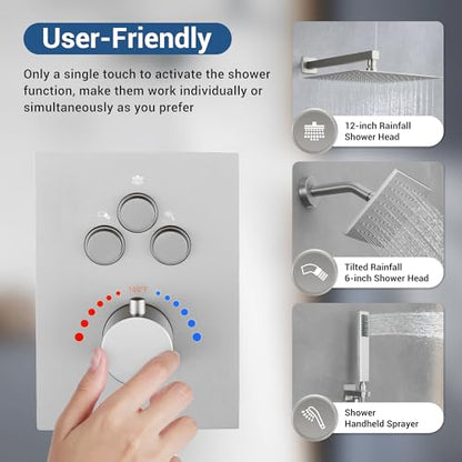 Thermostatic Dual Shower System, Shower Faucet(Brushed Nickel) | 12 Inch Rainfall Shower Head, 6 Inch Wall Mount Head, High Pressure Handheld Sprayer, Push Button Valve - color: Brushed Nickel