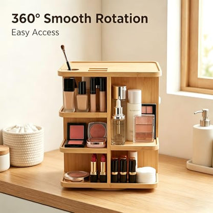 Bamboo 360 Rotating Makeup Organizer | spinning bathroom organizer spinning makeup organizer spinning organizer for vanity Bathroom Bedroom Home Office