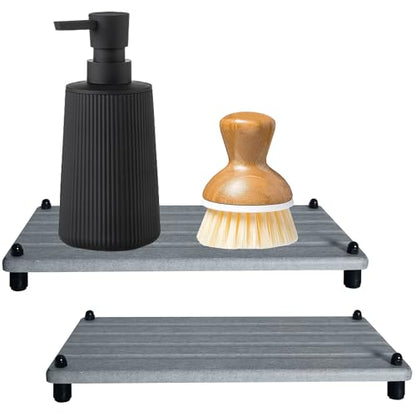 2 PCS Water Absorbing Stone Trays for Bathroom Sink Fast Drying Coasters | 9.5" x 4.7", Faucet Mat for Kitchen Sink, Diatomite Sink Caddy, Hand Soap Holder with Feet, Diatomaceous Earth, Vanity Tray - color: 9.5" X 4.7" Grey