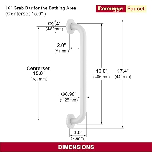 16 Inch Grab Bar 304 Stainless Steel Anti-Slip Bathroom Safety Handrail Wall Mount Assist Grip for Elderly Handicap Bathtub Shower Toilet, GB-4023-WH, White - color: White
