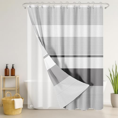 3 in 1 Shower Curtain and Liner,72 x 72 inch, Striped Gray | Shower Curtain and PEVA Liner Set with 12 Rust-Resistant Metal Hooks, Waterproof Fabric Curtains for Bathroom - color: Grey