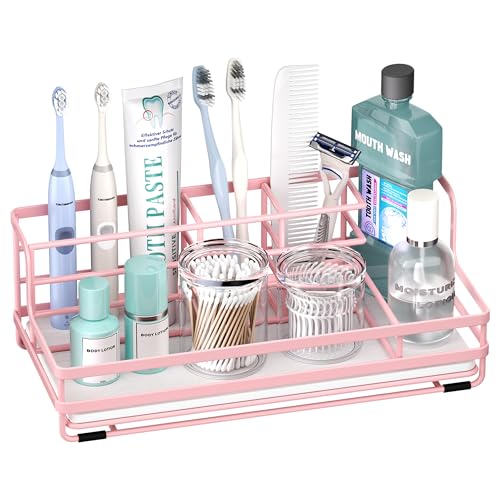 HapiRm Toothbrush Holders for Bathroom - 5 Partitions Bathroom Counter Organizer with Instant Drying Stone, Stainless Steel Countertop Storage Electric Toothbrush Toothpaste Holder - Pink - color: Pink